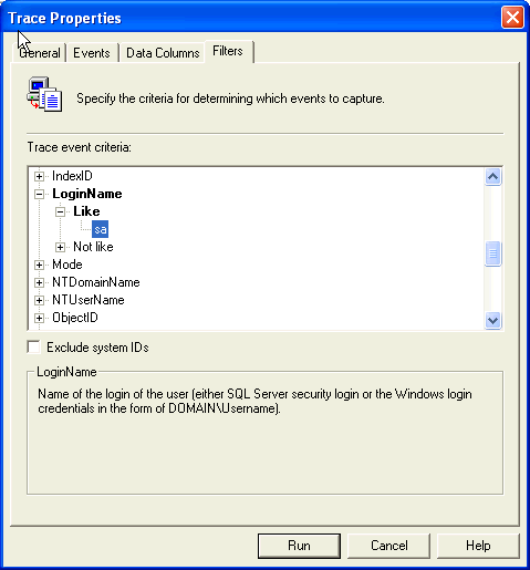 SQLServer2000 Profiler FiltersTab