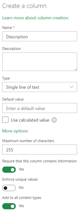 text column properties