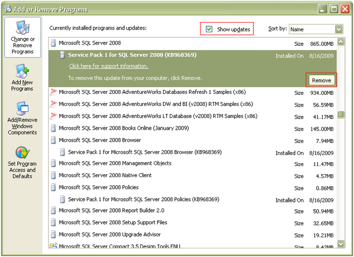 uninstall service pack