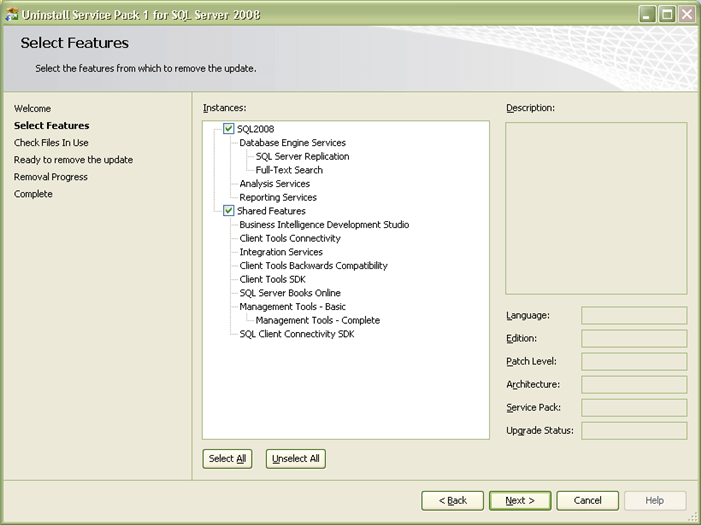 uninstall service pack