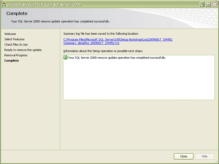 uninstall service pack