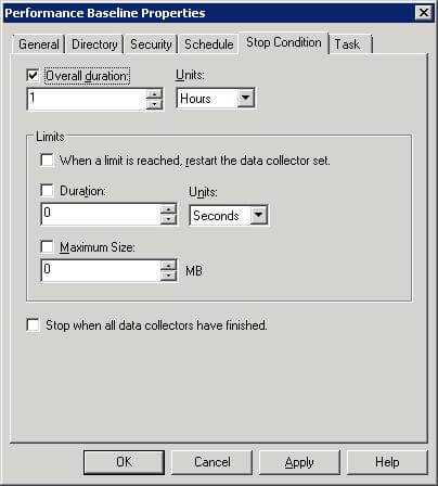 You can define a stop condition for the Data Collector Set from its properties