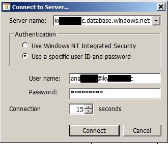After the analysis is done the user must proceed to connect to SQL Azure as shown below