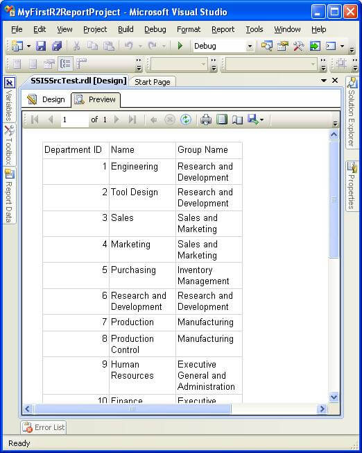 drag a Table control on the report, add some fields from the dataset to it and then preview your report