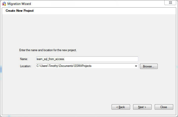 You'll first be asked to create a project for the migration