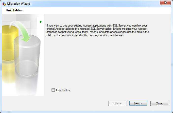 ou will have the option on the subsequent screen to link tables from SQL to Access