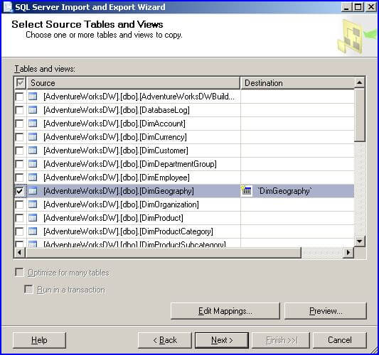 xport wizard select tables