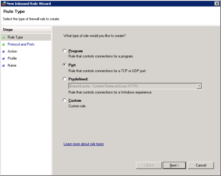 New Inbound Rule Wizard's Rule Type Page