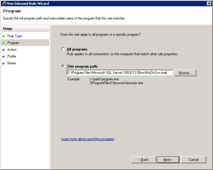  specify the program path of MsDtsSrvr.exe file
