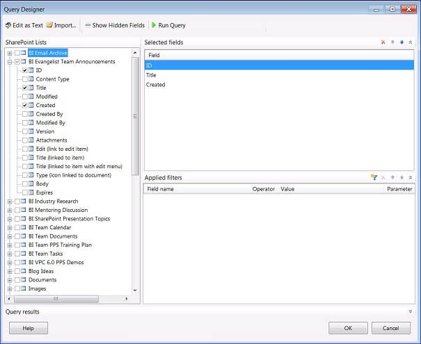 Click on the Query Designer button to display the SharePoint lists in the SharePoint site specified in the Data Source