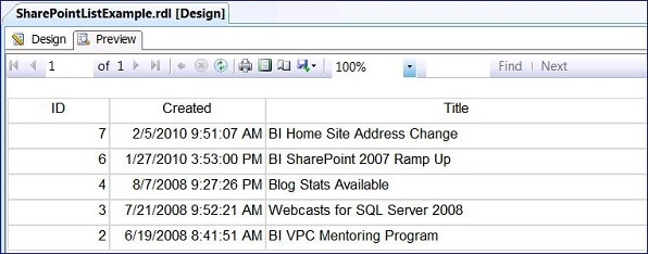 Click Preview to show the report in the designer