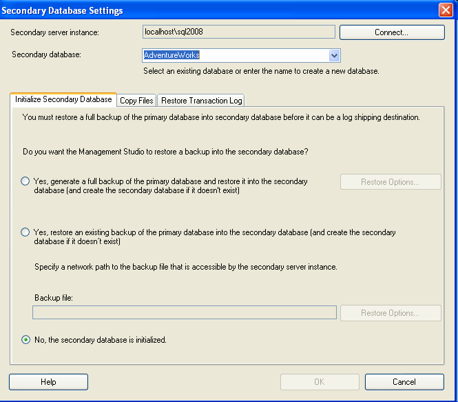 connect to the secondary database server at the data center and select or enter the database name