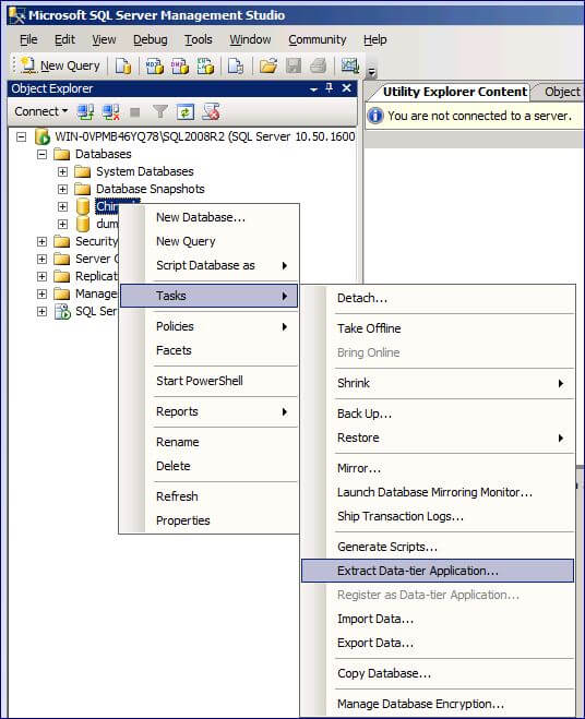  create a DAC package from an existing database with the SQL Server 2008 R2