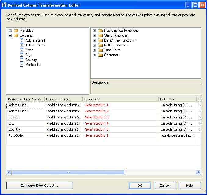 when you add the OLE DB Adapter in place of the data generator component, the derived column transformations will break
