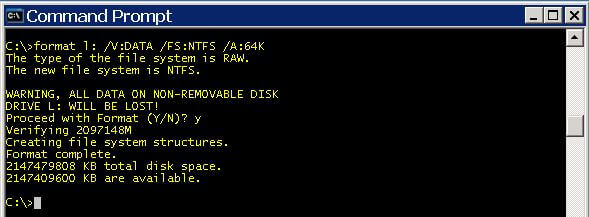 format the drive with the desired allocation unit size of 64 kilobytes