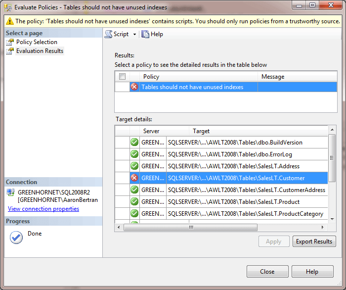 notice that the policy has identified the table(s) with unused indexes