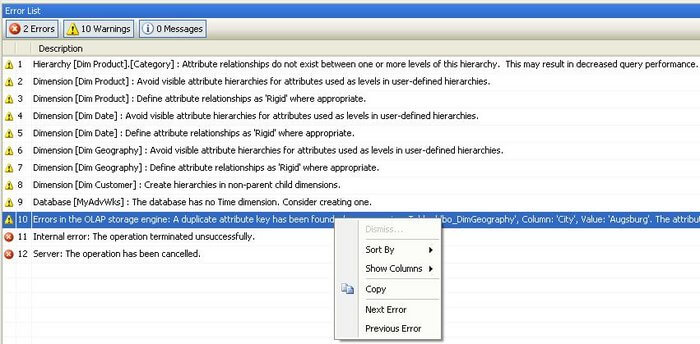 warnings reported by SSAS cannot be ignored and warnings reported by BIDS are mere suggestions and can be ignored. 