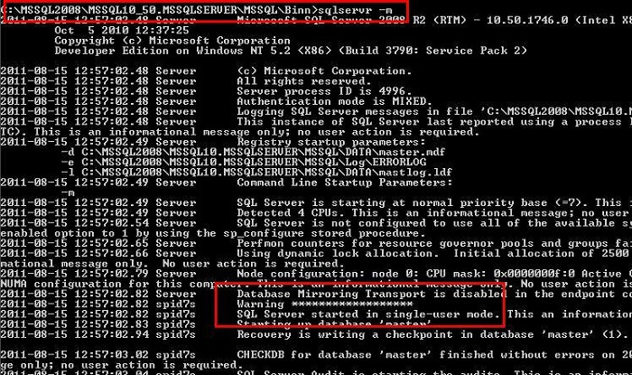 Start SQL Server in Single User Mode