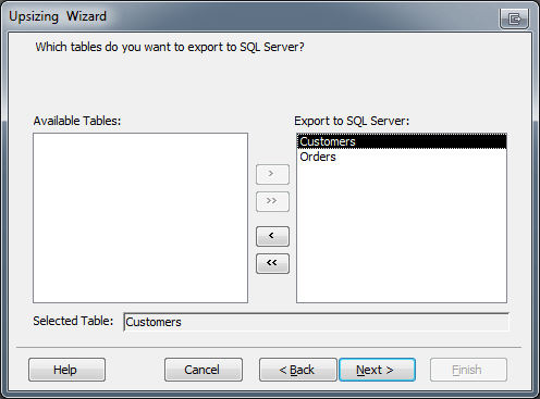 Microsoft Access Upsizing Wizard Table Selection