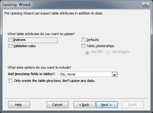 Microsoft Access Upsizing Wizard Table Attributes