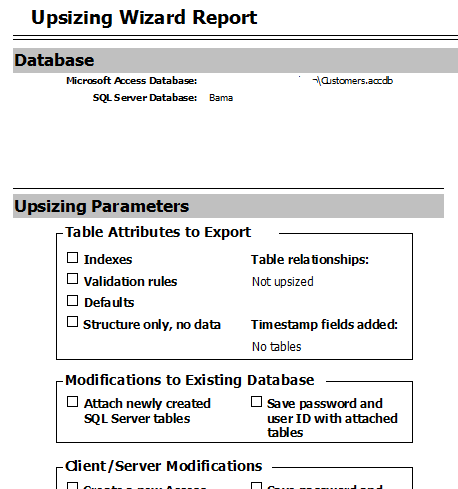 Microsoft Access Upsizing Wizard Report