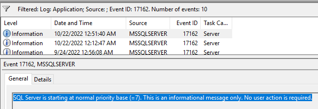 windows event viewer sql startup log
