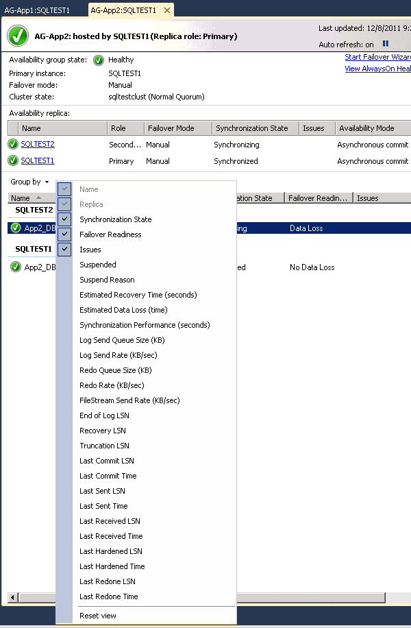 Availability Group Details - Replica Group by Column Options