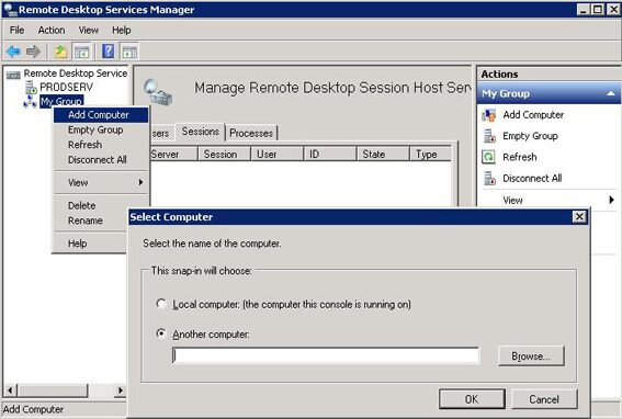 Terminal Services Manager in Windows Server 2008 R2: Connecting to a remote computer