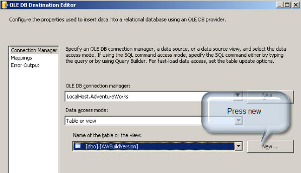 Select the table destination in SSIS