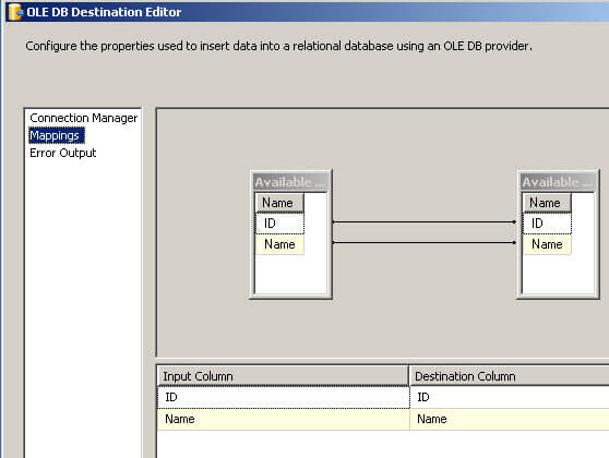 Map the tables in SSIS between the source and destination