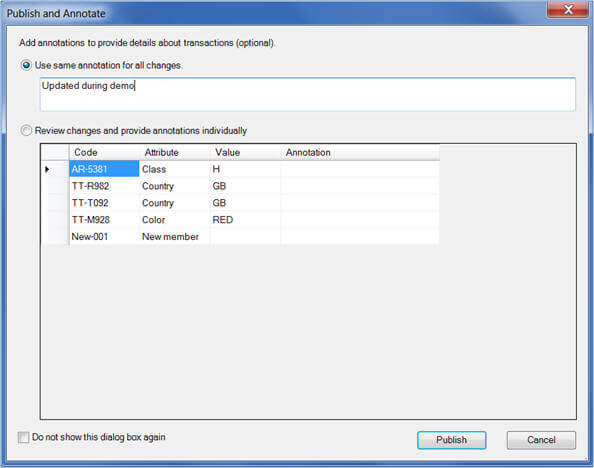 Publish and Annotate the changes made in Excel