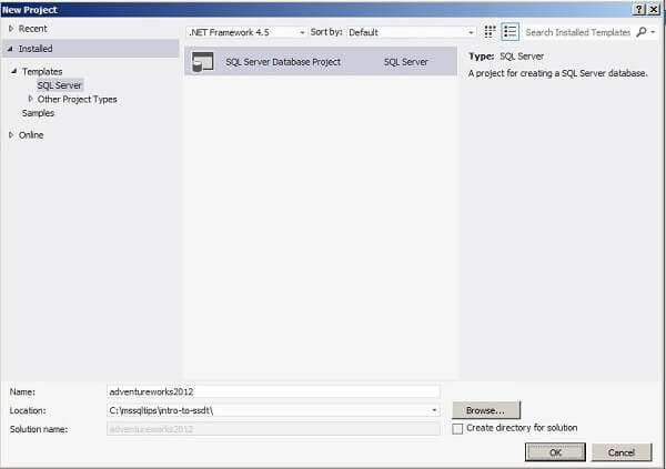 To create a SQL Server project, select File, New, Project from the menu in SSDT 