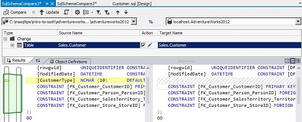 Click the Compare button to view the schema comparison in SSDT
