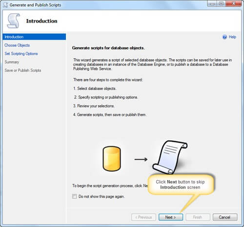SQL Server Management Generate and Publish Scripts Wizard - Introduction Screen