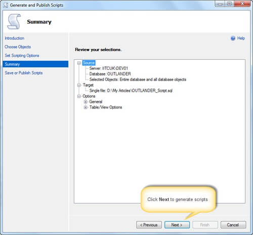 Generate and Publish Scripts - Summary Interface