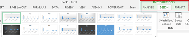 click on the chart and select the Design tab under PivotChart Tools