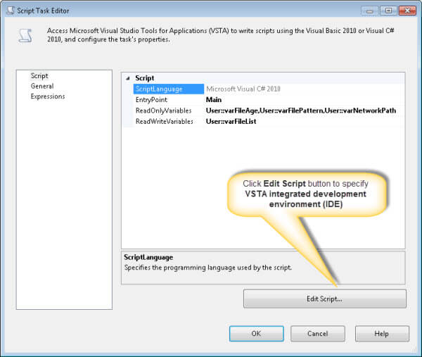double-click Script Task, to open Script Task Editor