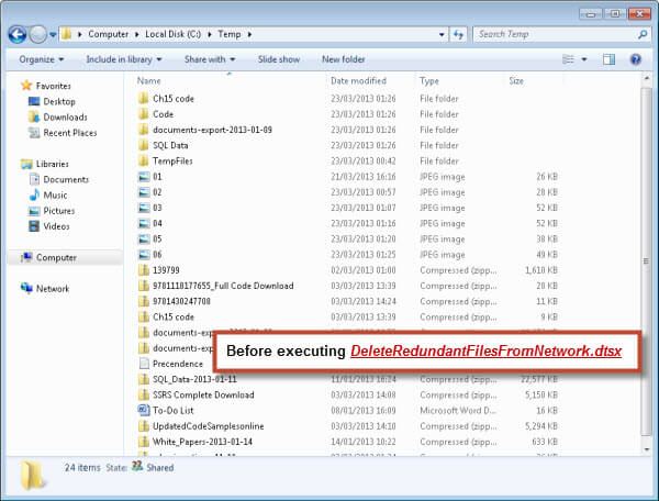 I specified the following values to package variables, to delete all files from \\JW02410\Temp\ shared folder that are older than 2 days