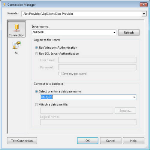 First add ADO.NET connection to the UtilityDB database on your SQL Server