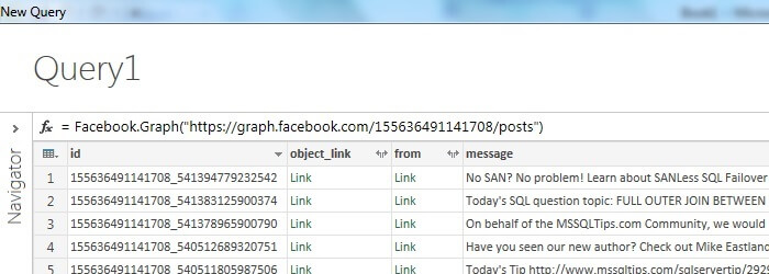 Data from Facebook Loaded into Data Explorer New Query Window