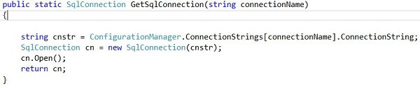 The ExecSqlProc method calls the GetSqlConnection method shown below to open a connection to the mssqltips database