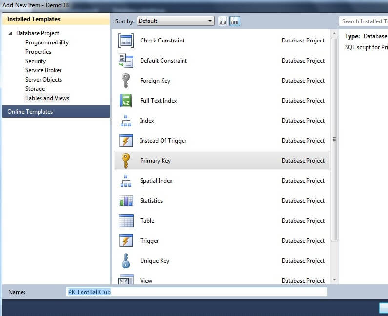 Clicking on Primary Key... again presents the Add New Item screen