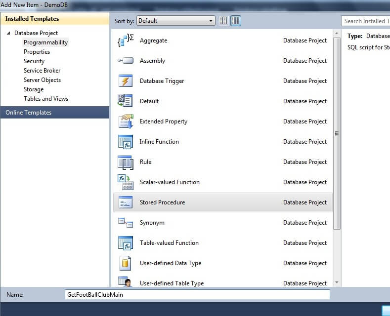 the Add New Item appears and we create our first stored procedure