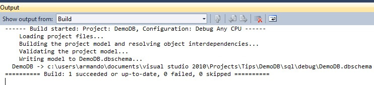 The output window shows that we've built our project into a .dbschema file