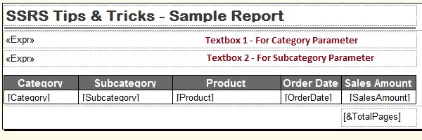 Report designer after adding the textboxes for Category and Subcategory Parameters