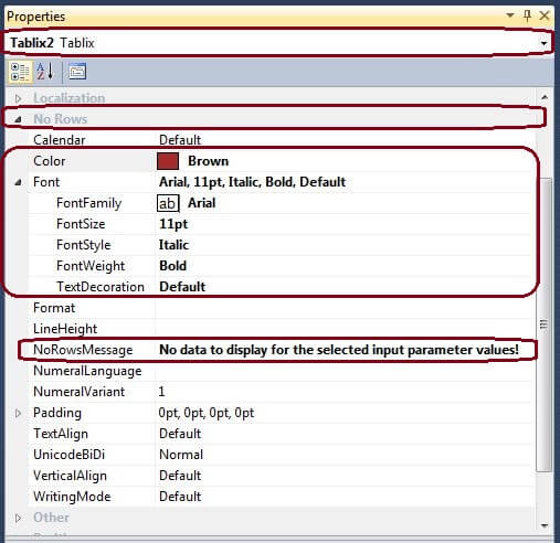 Table Properties configuration for No Rows Error Message