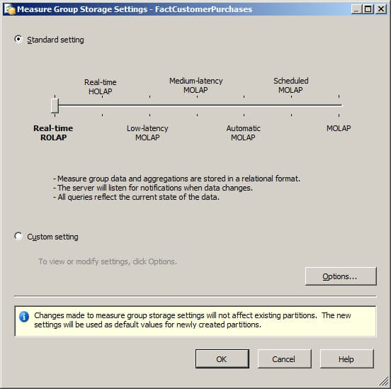 the storage settings were set to Real-time ROLAP