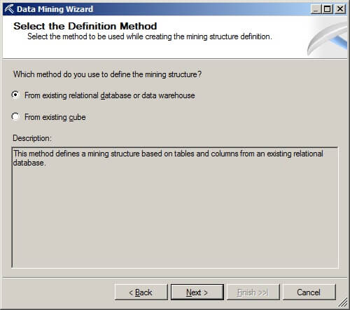 press the radio button labeled "From existing relational database or data warehouse".