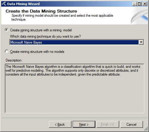 press the radio button labeled "Create mining structure with a mining model".