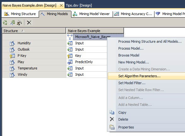 Under the Mining Model tab, right click on the box labeled "Microsoft_Naive_Bayes" 